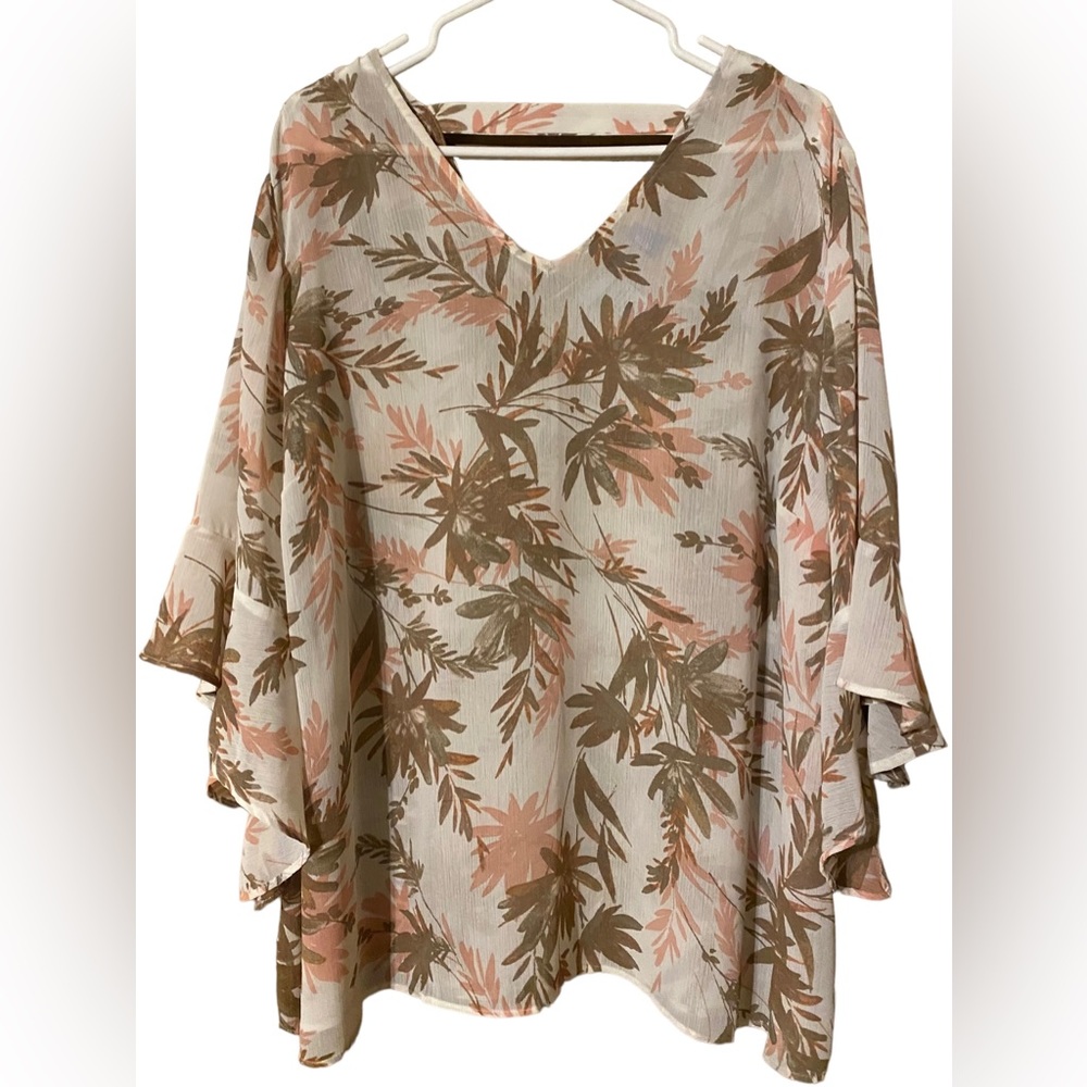 Catherine's Floral Semi Sheer Blouse Women’s 2X (22/24) Petite 3/4 Bell Sleeves